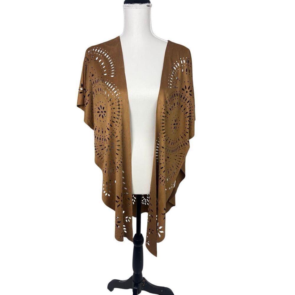 Ariat Faux Suede Laser Cut Open Front Cardigan Brown Boho Western Style